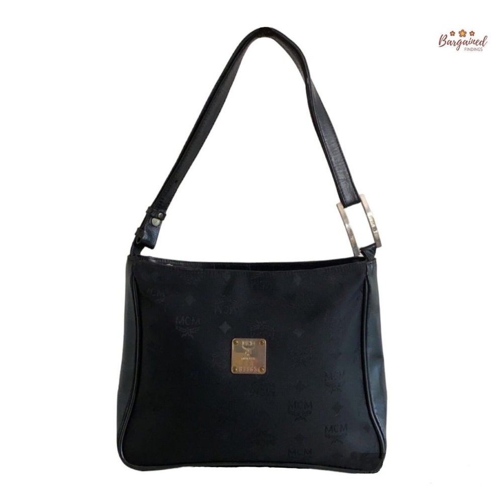 Authentic MCM Vintage Black Monogram Canvas Leather Medium Shoulder Bag